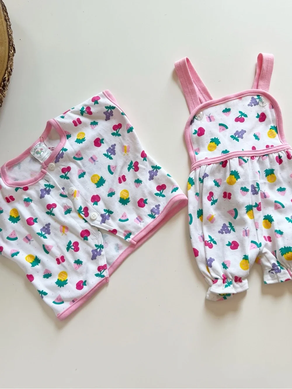 Vintage Toddletime Fruit Overall Bubble Romper & Cardigan 2 Piece Set | 6-9m